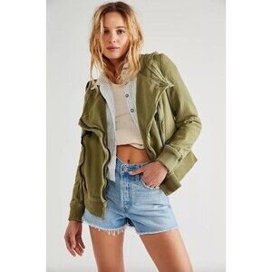 Free People We The Free Carmen Moto Jacket Top Ribbed Zip-up Olive M 286210
